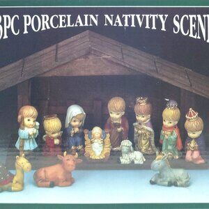 13 Piece Porcelain Nativity Scene Holiday Christmas Children Animals Stable